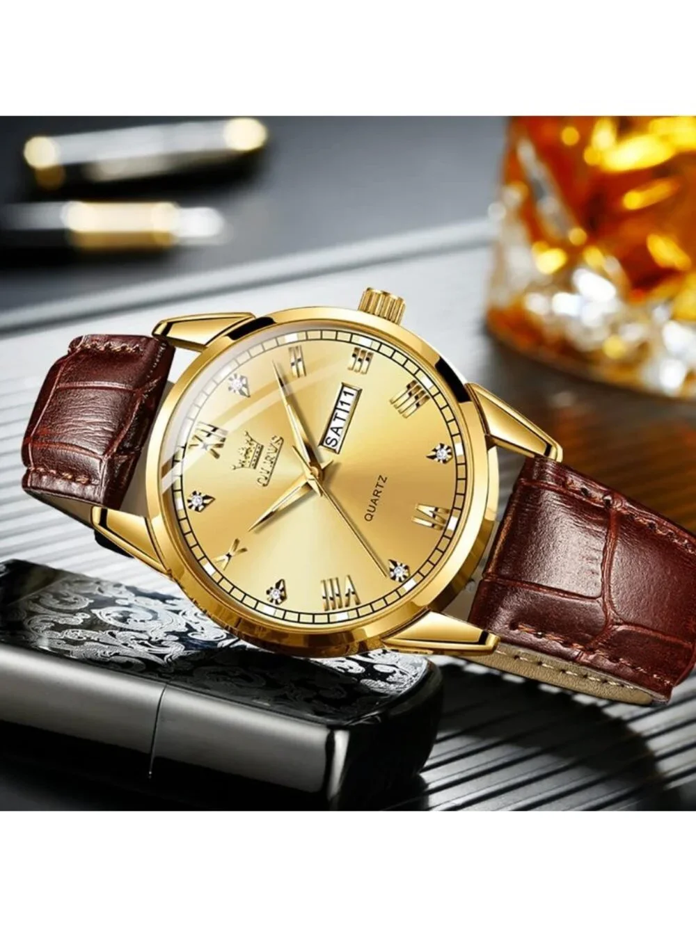 Men's Brown Gold Shell Gold Face Leather Band Quartz Waterproof Wrist Watch